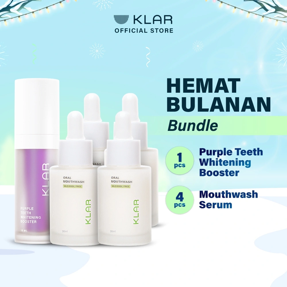 KLAR Hemat Bulanan Bundle - Paket Pemutih Gigi 4 minggu | 4pcs Mouthwash Serum Free 1pc Purple Serum