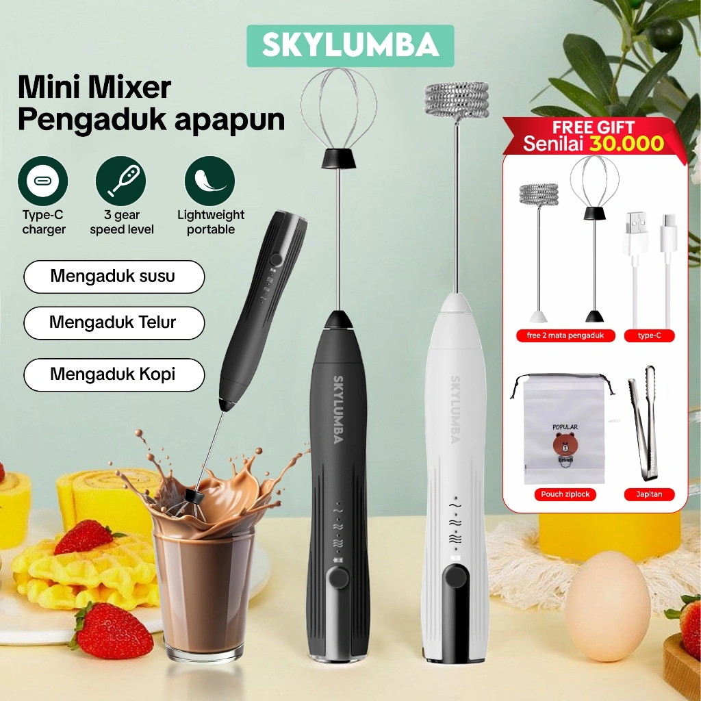 (FREE GIFT 2PCS) Skylumba Hand Mixer Mini 3in1 Pengaduk Kopi Electric Portable Alat Pengocok Telur Handheld Blender Milk Frother - EW06