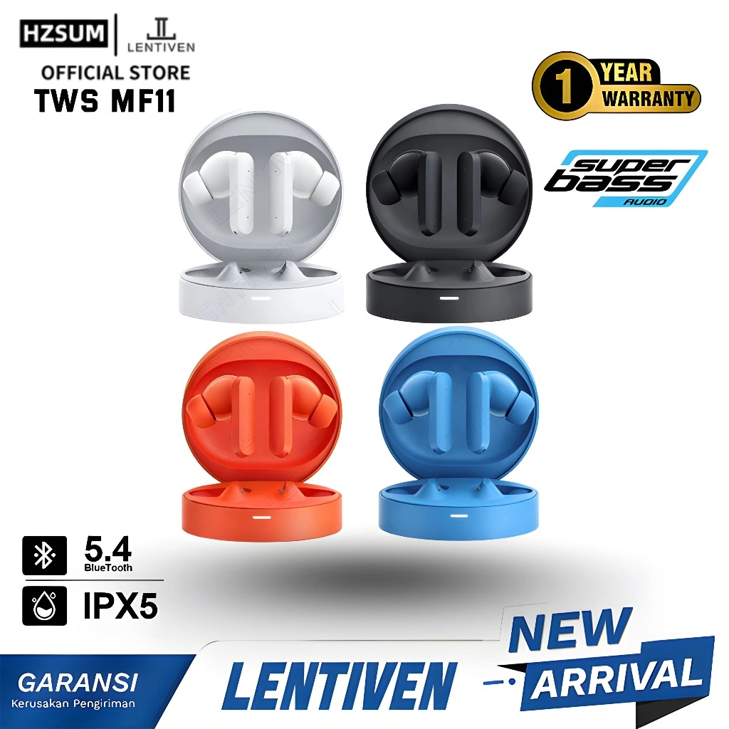 HZSUM LENTIVEN Earbuds TWS Wireless Earphone Bluetooth 5.4 Hi-Res Audio IPX5 Garansi 1 Tahun MF11