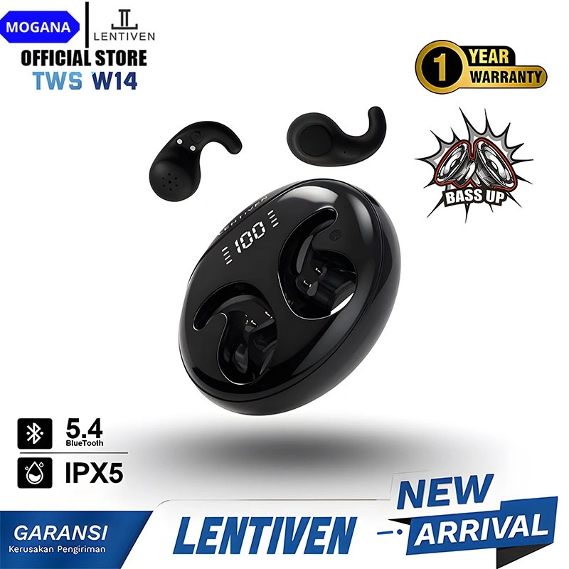 MOGANA LENTIVEN HEADSET Earbuds TWS Wireless Earphone Bluetooth 5.4 Hi-Res Audio IPX5 Garansi 1 Tahun W14