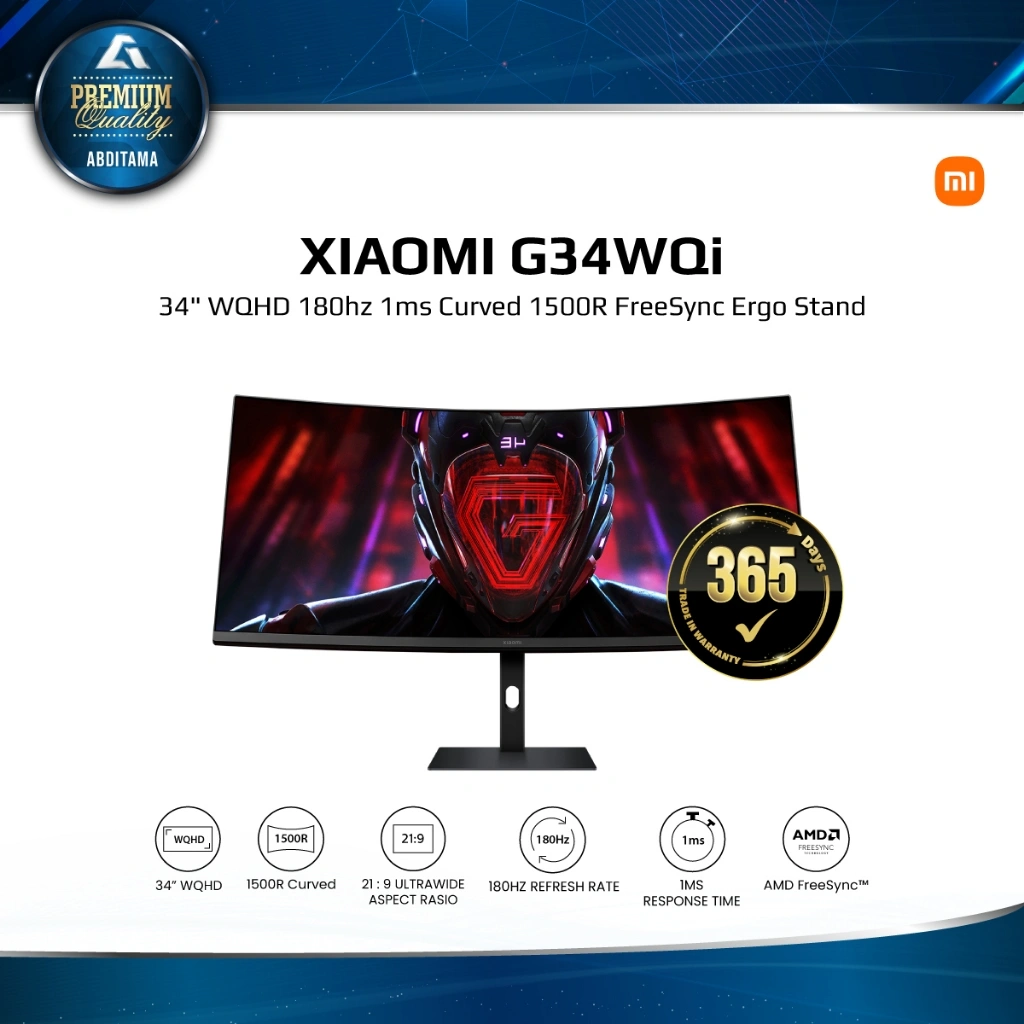 Monitor Ultrawide LED Xiaomi G34WQi 34" 3440x1440 WQHD 180hz 1ms HDMI DP Curved 1500R FreeSync Premium 21:9 Ergonomic Stand RGB Color Effects