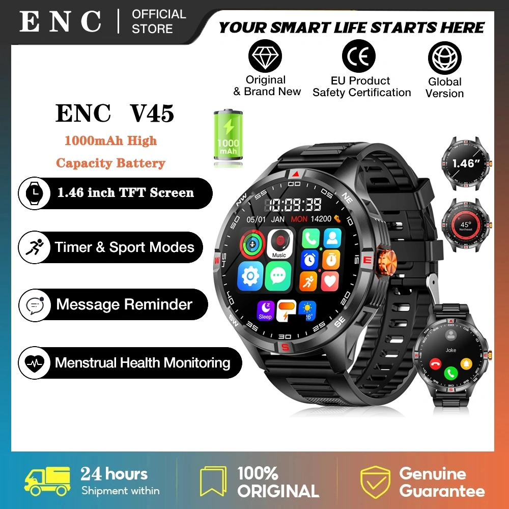 ENC Military Smartwatch Pria 1.46 Inches Outdoor Sports Smart Watch with Answer/Make Call,Fitness watch,Blood Oxygen,Heart Rate and Sleep Monitor Compatible Jam Tangan Pria with IOS and Android Phones