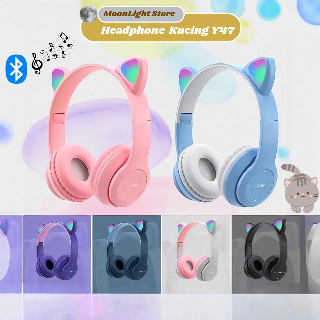 MoonLight - Headphone Bluetooth Model Telinga Kucing LED Wireless Stereo Bass Y47 / Headphone Lucu dengan Lampu Y47