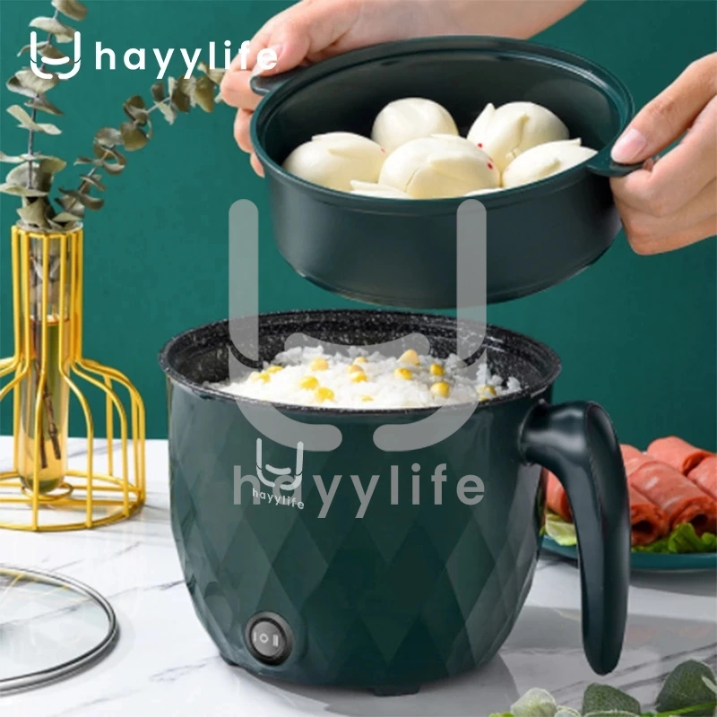 HAYYLIFE Panci Listrik Anti Lengket 1.5 Liter Kukusan Stainless Hemat Listrik Kukusan Tutup Kaca Diameter 18cm K3L HL-DAA521