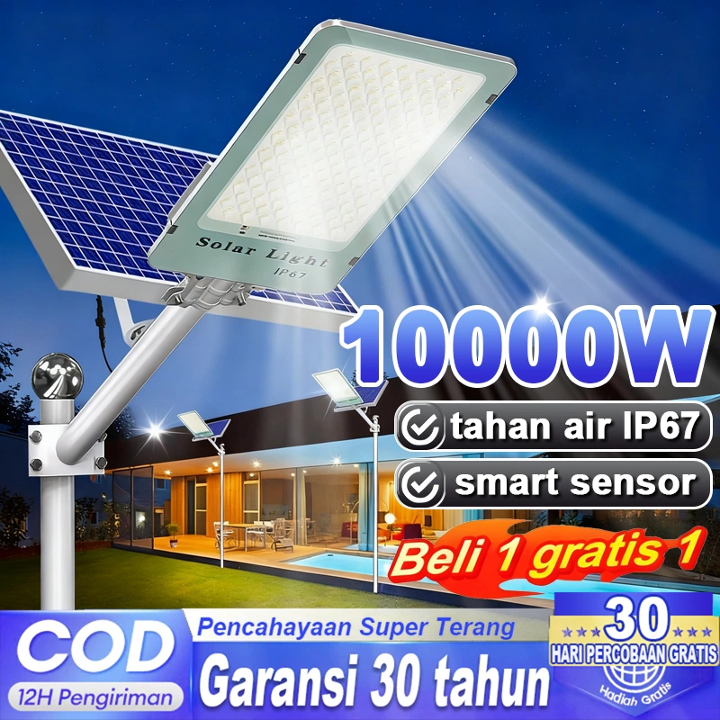 [Garansi 30 tahun] Lampu jalan tenaga surya Lampu Solar Cell outdoor otomatis nyala Lampu jalan LED 10000W luar ruangan anti Tahan air IP67 papan solar panel Dapat Mengisi Daya Bahkan saat Cuaca Mendung smart sensor gratis listrik sepanjang tahu