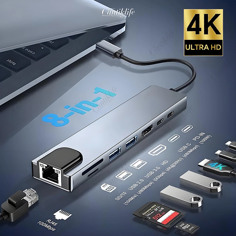 8 in 1 Multi Converter USB3.0 HUB Type C Adapter RJ45 Ethernet 4K HDMI Kabel 100M Fungsi OTG Support SD TF Card Reader Dual plug Docking Station Untuk PC Laptop Tablet Devices
