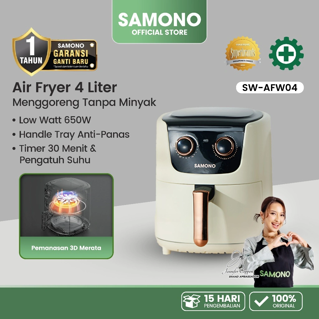 SAMONO Air Fryer 4 Liter 650 Low Watt Mesin Penggorengan Tanpa Minyak 7 Menu Masak SW-AFW04 White