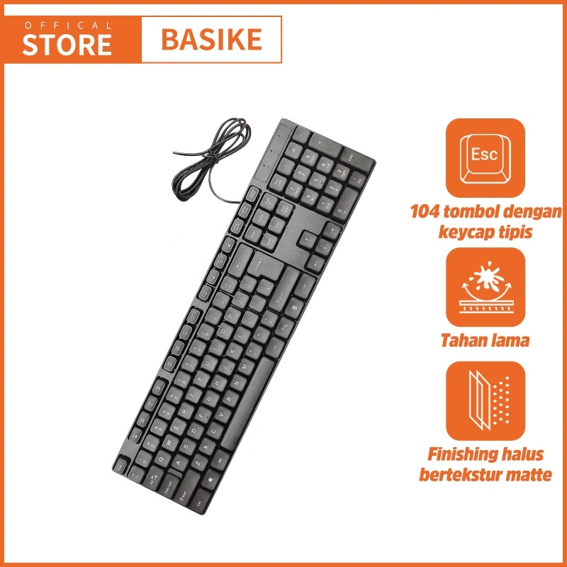 BASIKE Keyboard Laptop Komputer Silent Click Gaming Mechanical 104keys Tahan Lama 1.2m Kabel USB