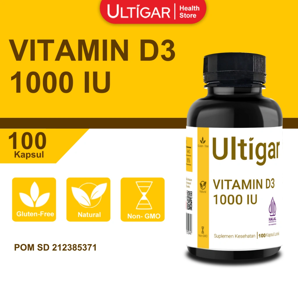 Ultigar Vitamin D3 1000 IU - Botol isi 100 Kapsul Lunak - Natural Vitamin D 1000 IU - Suplemen Kesehatan