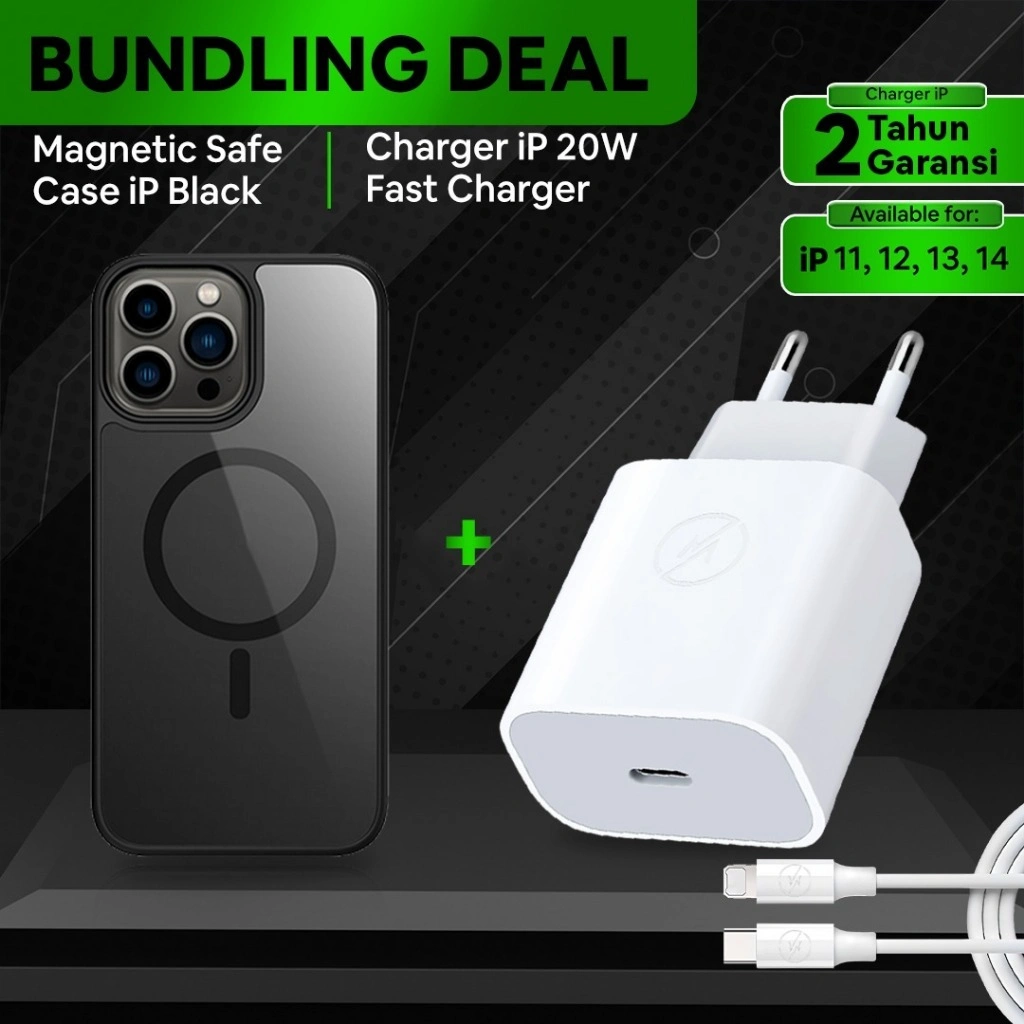 (PAKET) Set Charger Fast Charging 20 Watt Adaptor + Kabel Lightning + Magsafe Casing Wireless Magnetic Black Case for iPhone Series 11 12 13 14 PROMAX