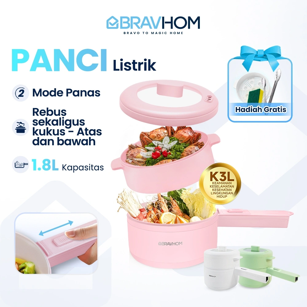 BRAVHOM Panci Listrik Fry Pan Electric 2in1 Low Watt Kukusan Serbaguna Keramik 1.8L EP02