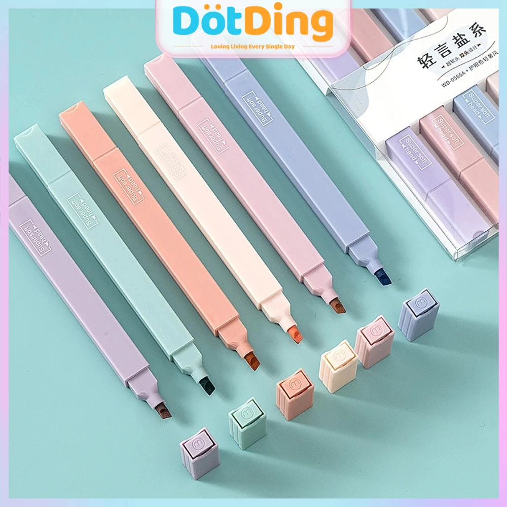 [DOTDING] ‌Set Stabilo 6PCS - Ujung Brush 2-5mm untuk Bullet Journal & Catatan Estetika‌/6 pcs/set Double Tips Highlighters Cute Marker Pen For Taking notes Drawing School Supplies Stationery A558