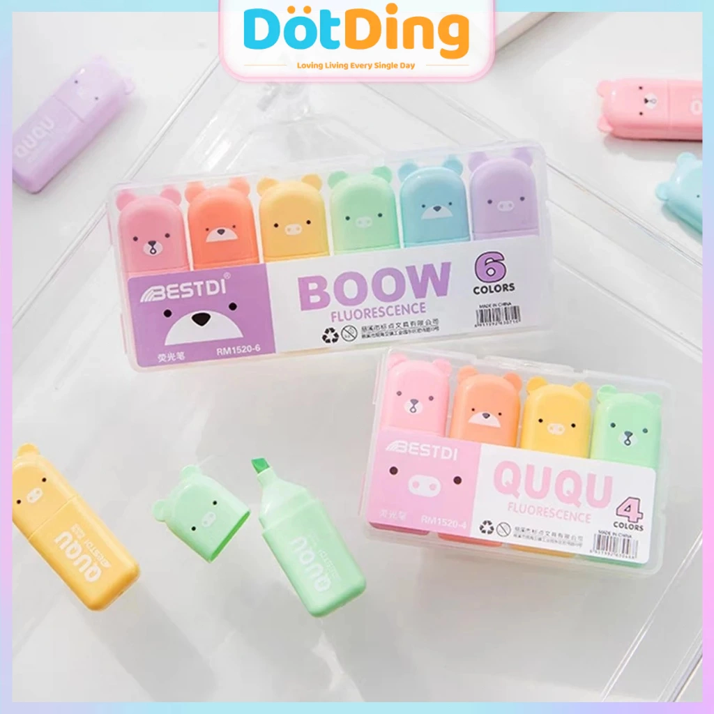 [DOTDING] Set Pena Fluorescent Mini 4/5/6 Warna Macaron - Pena Sorot Anti Silau & Tinta Low Blue Light untuk Pelindung Mata Siswa/Kantor Q107