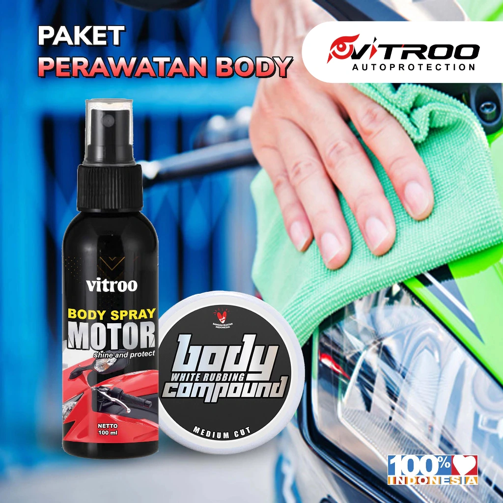 Paket Perawatan Kendaraan Penghilang Baret Lecet Rubbing Kompon + Pengkilap Body Motor Vitroo Spray Kit Serbaguna