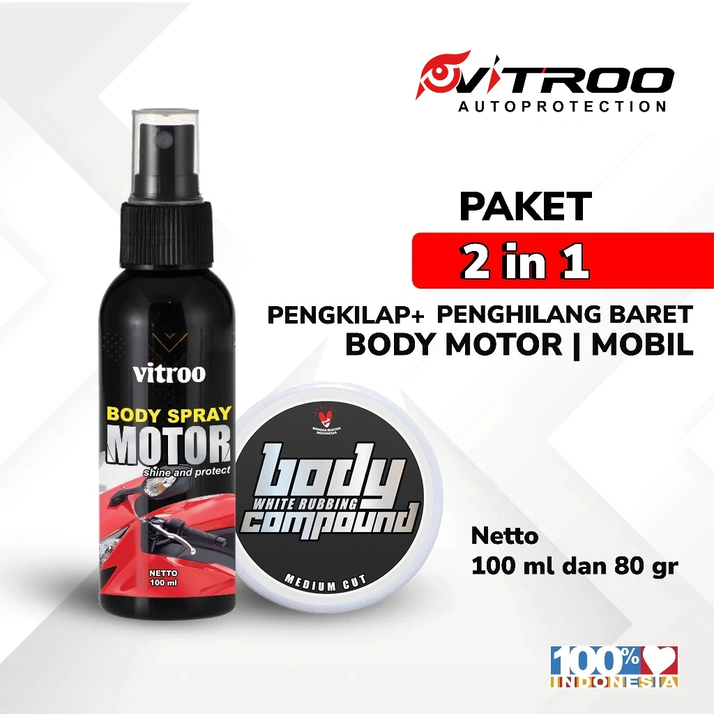 Paket Pengkilap Body Motor Vitroo Spray Kit Serbaguna + Penghilang Baret Lecet Rubbing Kompon Compund Perawatan Kendaraan Motor dan Mobil