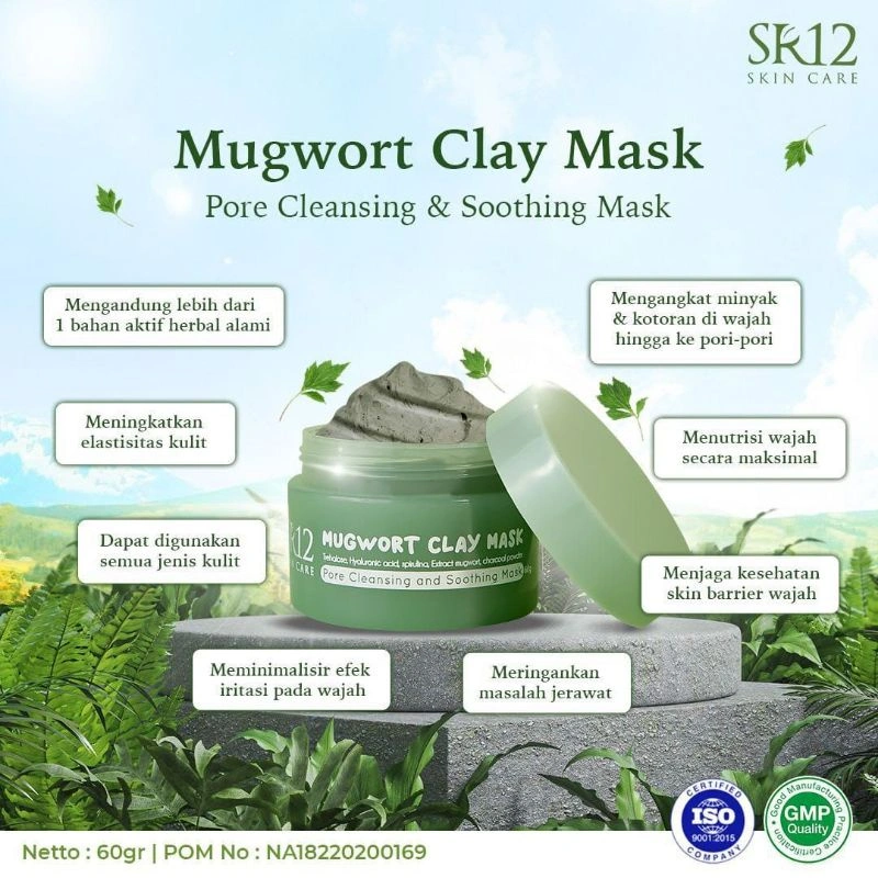 Mugwort Clay Mask SR12 Masker Wajah Bebas Komedo Mengecilkan Poripori Hempaskan Jerawat Menjaga Skin Barier Kulit Wajah