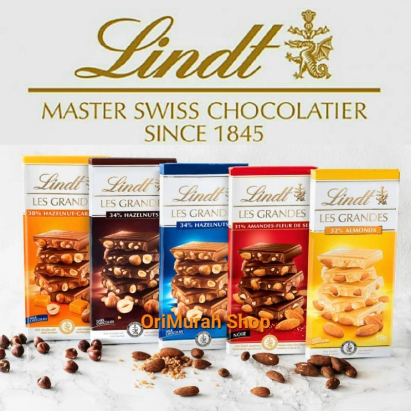 Coklat Lindt Les Grandes Chocolate Swiss Milk Dark Cokelat Hitam Susu Kacang Almond Hazelnut Caramel 150 Gram Lindt Coklat Batangan Premium Import Swiss 150g