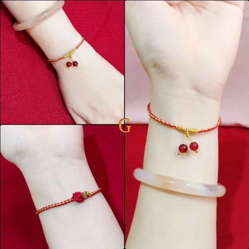 Gelang Tangan Hoki Tali MerahKombinasi Gold Nylon Kombinasi Ag12