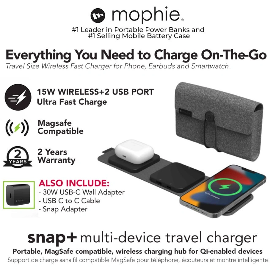 3 in 1 Magsafe Wireless Fast Charger - Mophie Snap+ Multi Device Travel 15W