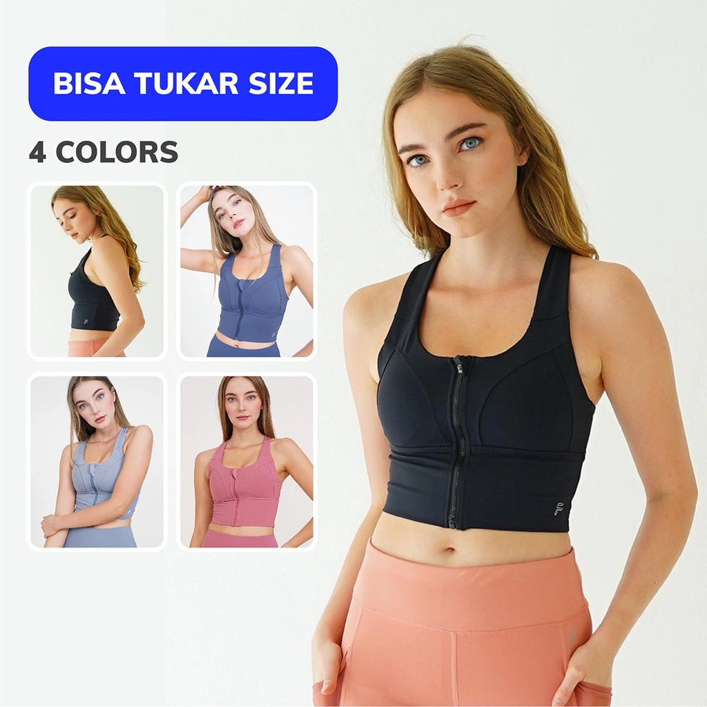 Forge Activewear - Sierra Sport Bra Wanita - Pakaian Olahraga Olah Raga Gym Yoga Senam Running Sportswear Sports Wear Zipper Resleting Atasan Busa Baju BH Tanpa Kawat Top Tanktop Premium Dewasa Remaja Cewek Cewe Polos Sporty Hitam S M L XL XXL Zumba Lari