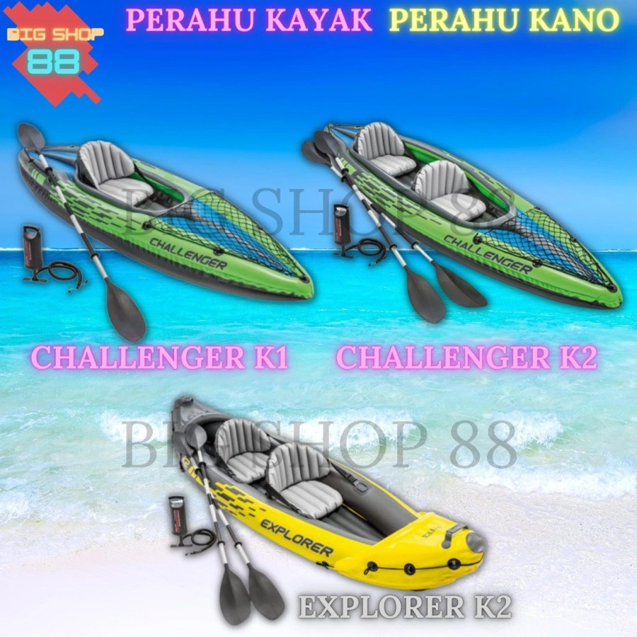 INTEX PERAHU KARET KAYAK KANO TIUP CHALLENGER K1 K2 EXPLORER K2 KAPAL BOAT SET WITH PADDLES & PUMP TERLENGKAP