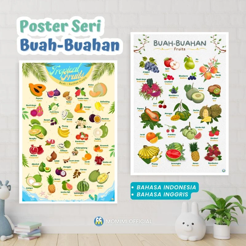 Poster Edukasi Belajar Anak Seri Buah Buahan & Sayur Sayuran Bilingual Bahasa Indonesia-Inggris