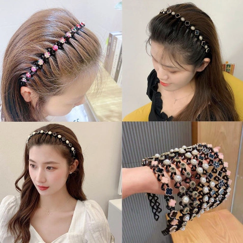Bando Include Jepit Rambut RIK0125 F5820 2in1 Fashion Korea Pola Mutiara / Bando Rambut Kepang Korea Mutiara Kristal Headband Keren