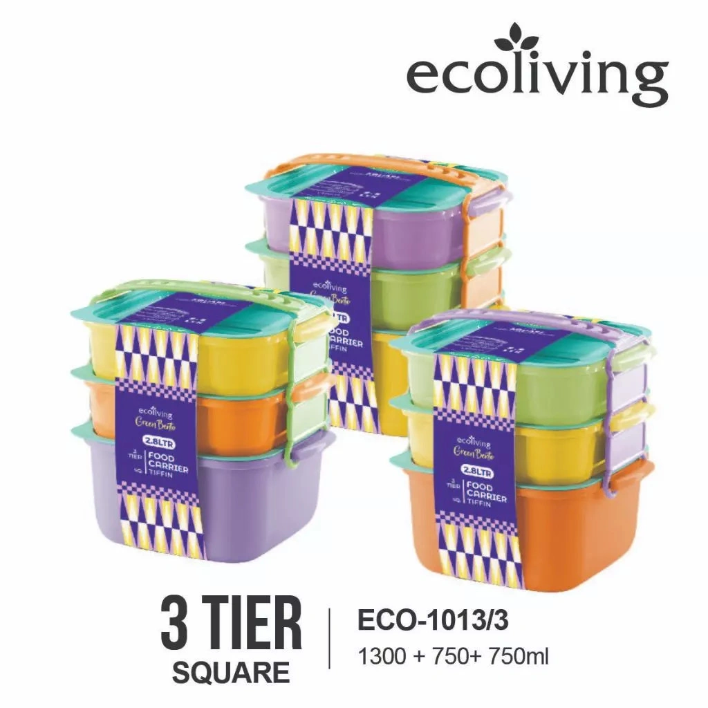 EPLAS x ECO LIVING Green Bento Lunch Box set 2 & 3 Tingkat – Kotak Makan Square Sehat Praktis Colorful, BPA Free & Food Grade, ECO-1013/2, ECO-1013/3