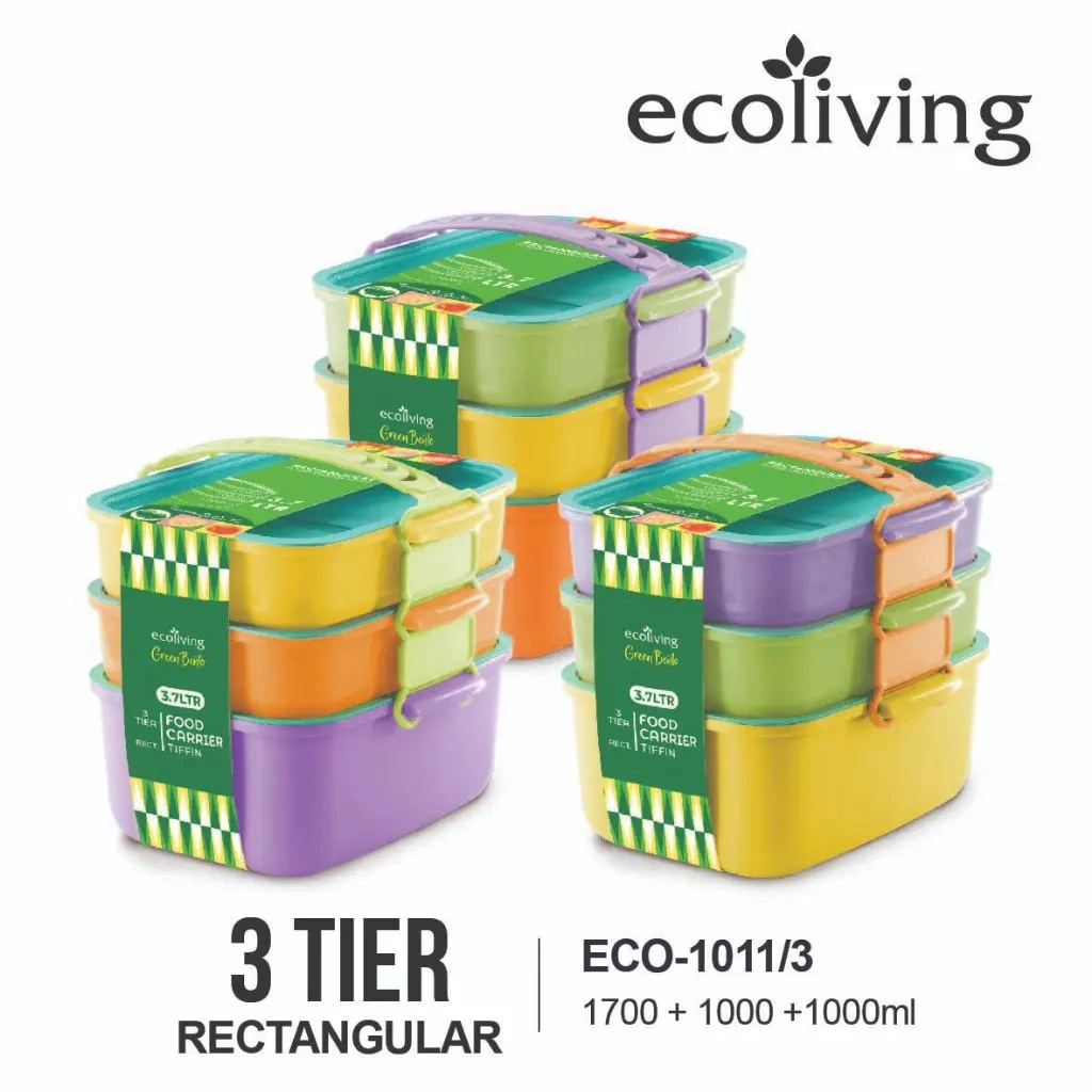 EPLAS x ECO LIVING Green Bento Lunch Box set 2 & 3 Tingkat – Kotak Makan Sehat Praktis Colorful, BPA Free & Food Grade, ECO-1011/2, ECO-1011/3