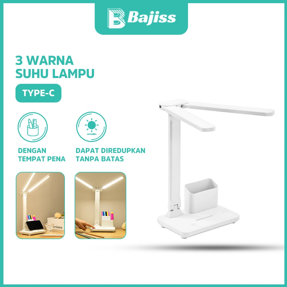 Bajiss Lampu Meja Belajar Dual LED Rechargeble Touch 3 Warna Adjustable Eye Protection Lampu Malam