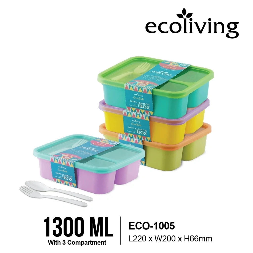 EPLAS x ECO LIVING Green Bento 1300ml 3 Compartment Colorful Bento Lunch Box With Fork & Spoon, Food Container, Kotak Makan, ECO-1005