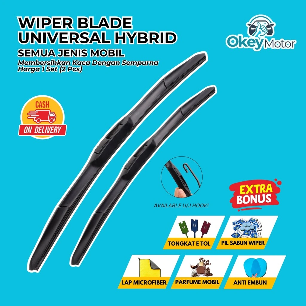 Wiper Mobil Hybrid Blade Universal 1 Set Kiri dan Kanan Pembersih Kaca Depan Paket Bonus 5 Item