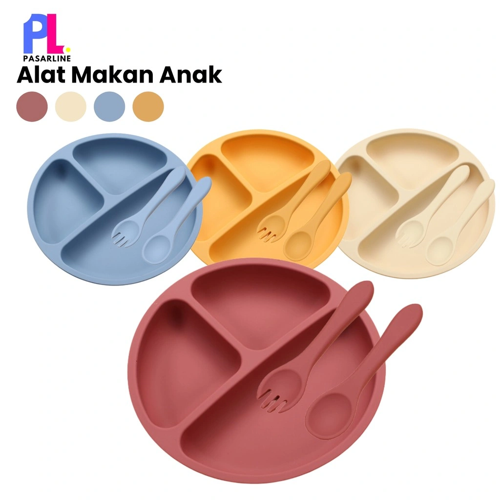 Pasarline Piring Sekat Makan Anak Bayi Anti Slip Silikon Baby Plate Silicone Lunch Sendok Garpu Silikon