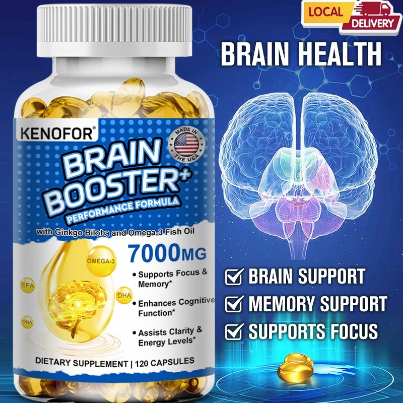 Brain Booster 7000mg Ginkgo + Omega3 Fish Oil Supplement Memory and Memory Brain Function Support, Improved Attention and Cognitive Support