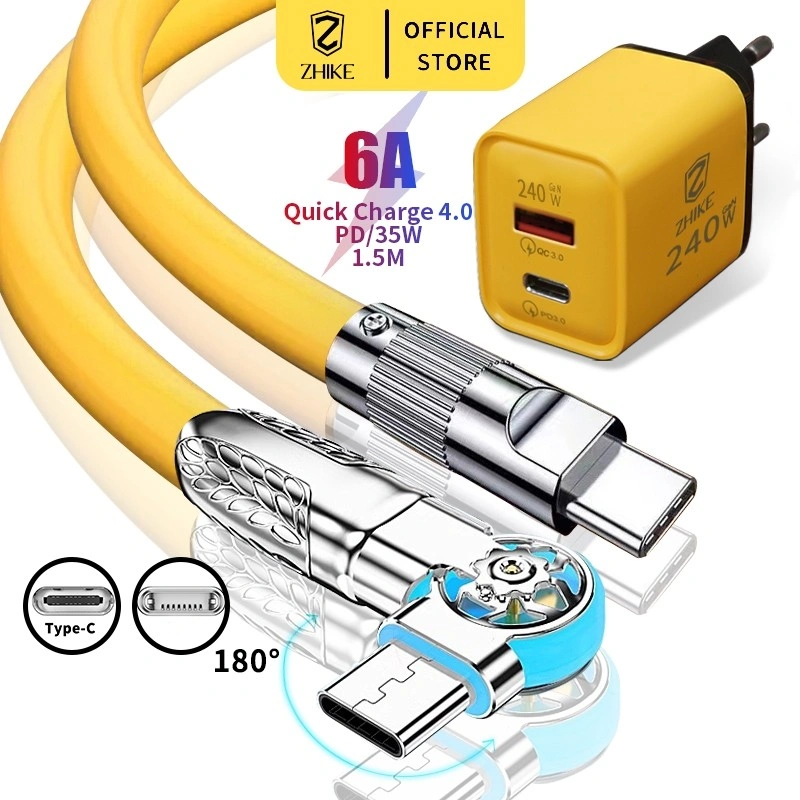 ZHIKE PD Kabel Data Fast Charging Type C to Type C Type C 180° Rotate 1.5M Zinc Alloy Silicone USB 240W 35W Adapter Cable Charger Adaptor Untuk Android Realme VIVO OPPO HUAWEI XIAOMI