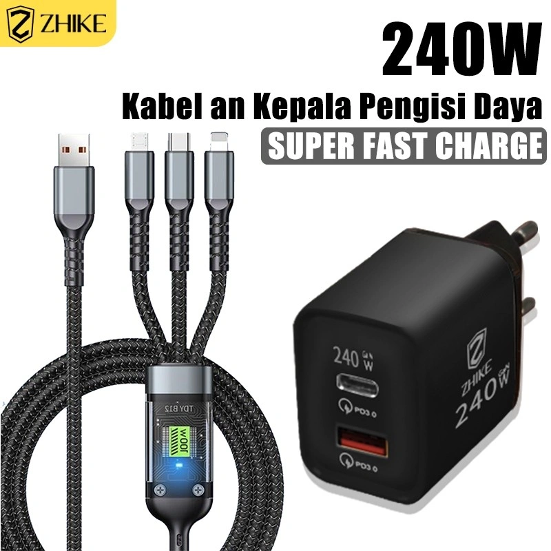 ZHIKE Kabel Data 3-in-1 Charger Tipe C Micro USB Untuk Lightning 100W 1.2M Mendukung 6A Adaptor 240W Fast Cabel Charging Super Cepat Cable Badan kawat jalinan nilon Quick Charging Kabel Charger Dengan Lampu LED Untuk Samsung Realme Xiaomi OPPO VIVO