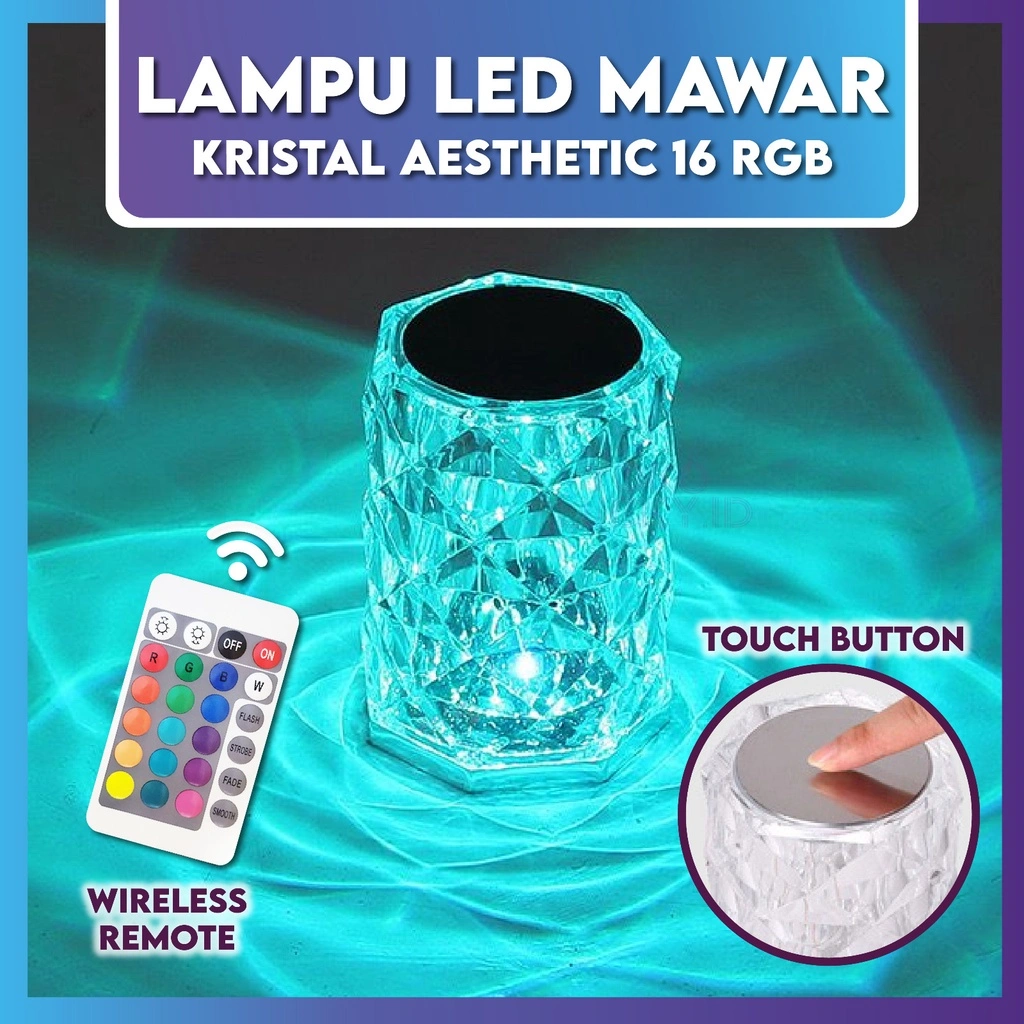 Lampu Hias Meja Kristal Diamond 16 Warna Lampu Tidur Aesthetic Rose Touch Sensor Remote Control