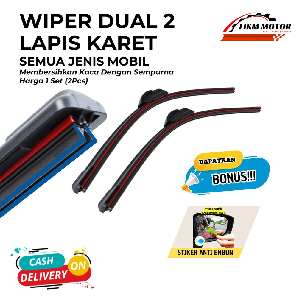 Wiper Mobil Dual karet Universal 1 Set Kiri dan Kanan Bonus Stiker Anti Embun Pembersih Kaca Depan