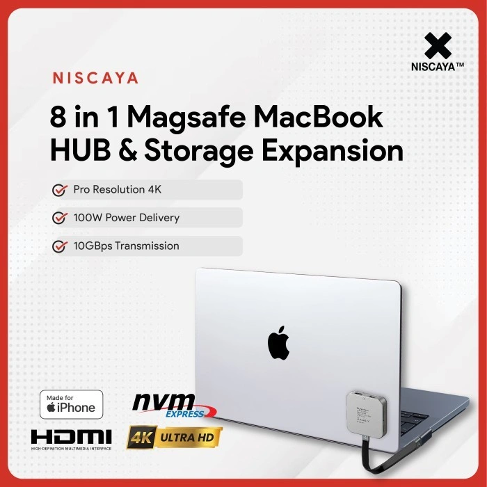 NISCAYA 8 in 1 Magsafe MacBook HUB & Storage Expansion USB Type C SSD Enclosure Up To 2TB 4K60Hz 100W - SSD Enclosure Docking Station NVMe Fast Charging Universal Compatibility