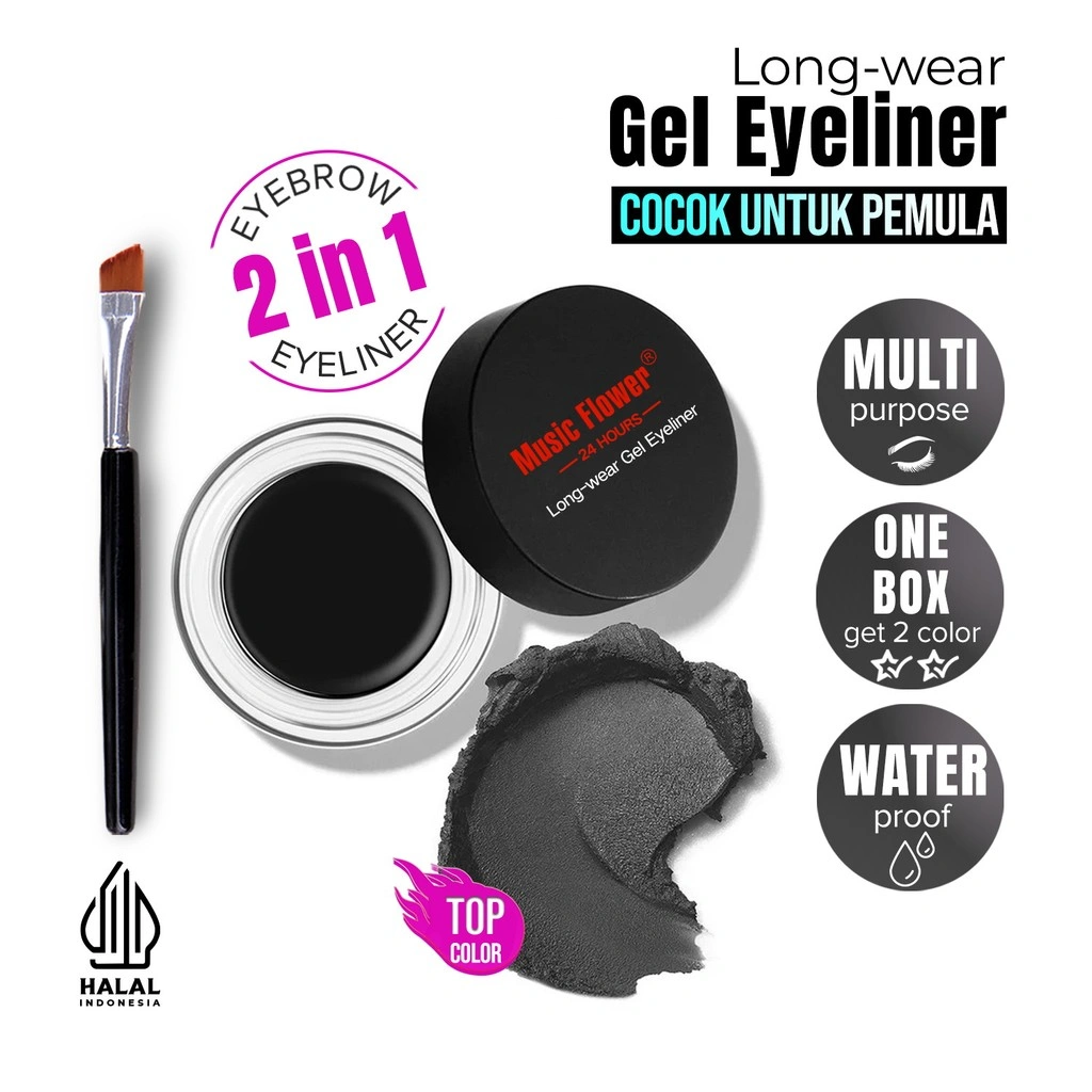 Music Flower 2in1 Eyebrow & Eyeliner Gel Dua Fungsi Tahan Hingga 24H Natural Looking Finish Long-wear Oil Control Waterproof Smudge Proof Overtime Brush Alis Kosmetik Bayangan Mata Warna Hitam dan Coklat Termasuk Brush Didalam