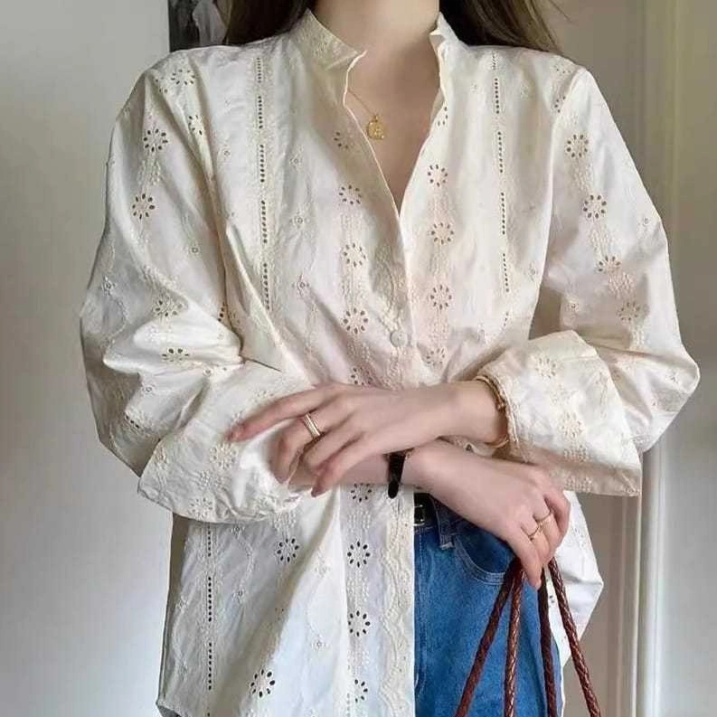 LEONNA SAKURA BEAUTY ATASAN BLOUSE KATBOL BROKEN WHITE LENGAN PANJANG KERA KOKO FASHION WOMAN NEW KOREAN STYLE