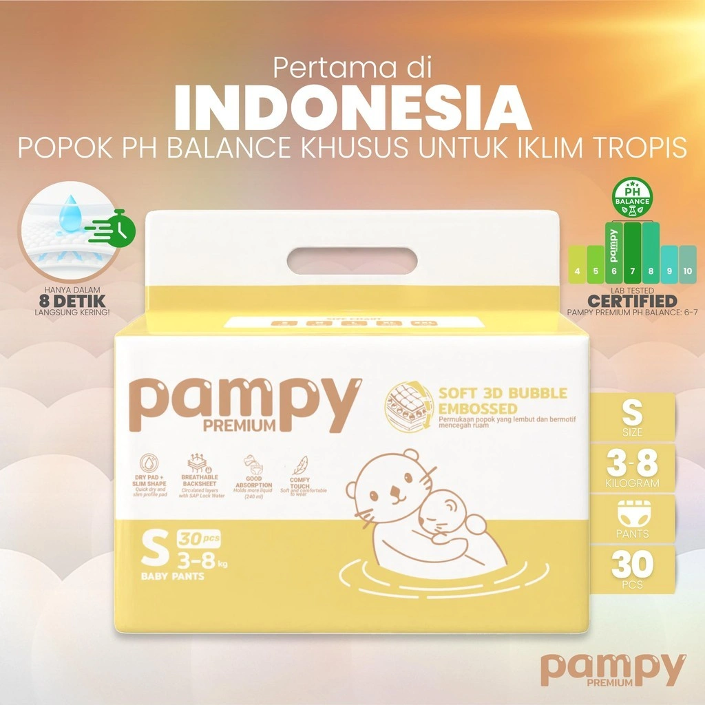 Pampy Premium Baby Pants S (30 pcs) – Popok PH Balance Pertama di Indonesia untuk Iklim Tropis