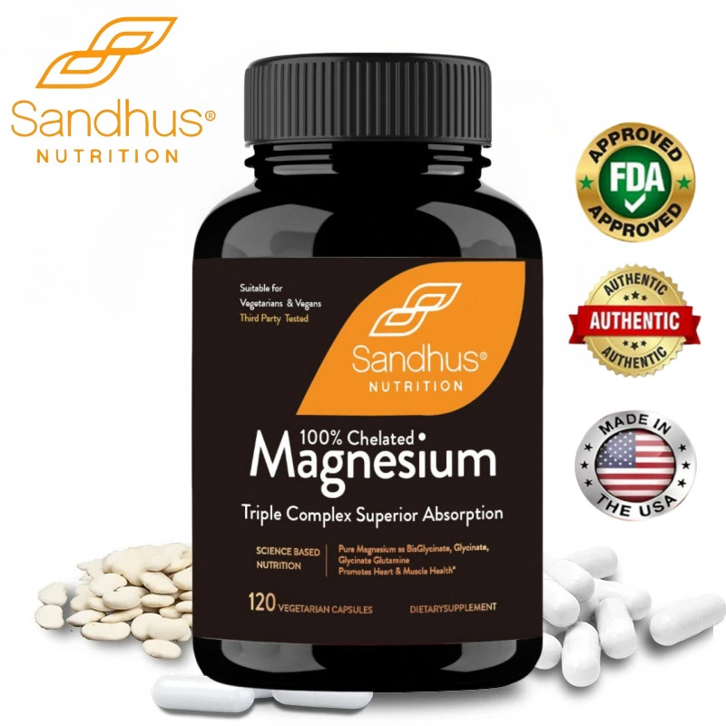 Sandhus Magnesium Triple Complex Glycinate with Vitamin D, B6,K2, Promotes Nerve, Bowel, Relaxation Function Vegan Capsules for Women & Men Kapsul Magnesium(2000mg)Glisinat(500mg) Meningkatkan Fungsi Saraf, Usus, Relaksasi 120pcs