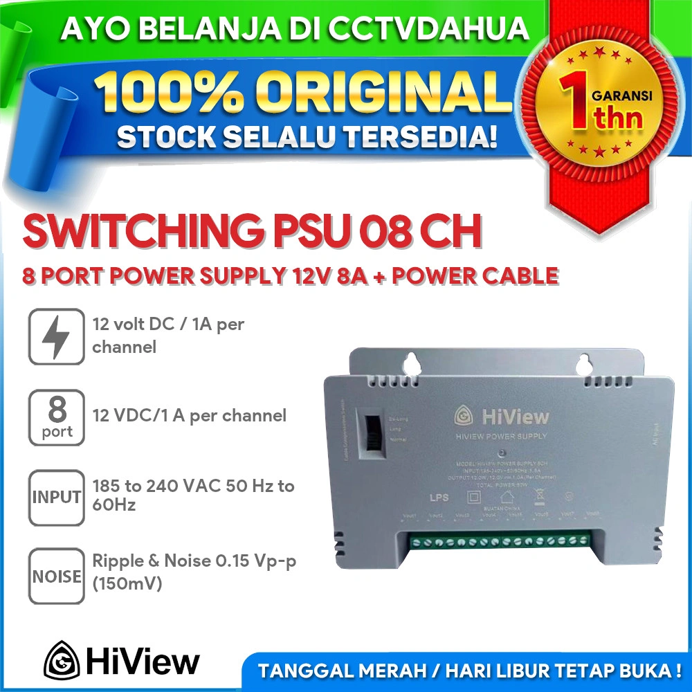 HIVIEW HIK-PSU-8CH 8 PORT POWER SUPPLY CCTV PSU 12V 8A + POWER CABLE