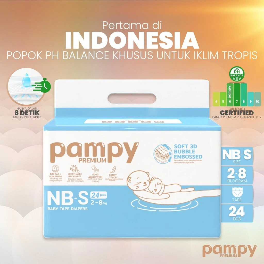 Pampy Premium Baby Tape Diapers NB - S (24 pcs) – Popok PH Balance Pertama di Indonesia untuk Iklim Tropis