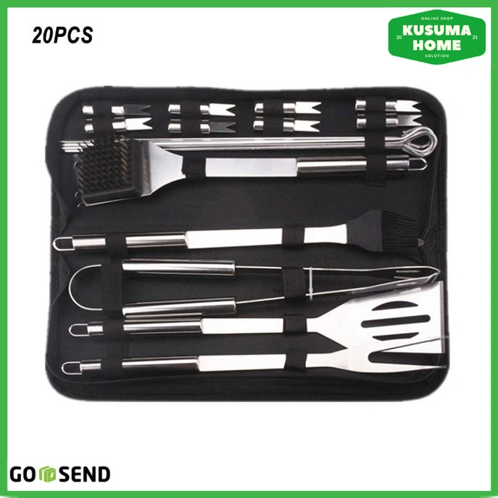 Set Alat Masak BBQ 20 in 1 Glanyomi Perlengkapan Barbeque Stainless Steel Lengkap dengan Tas Penyimpanan Tahan Panas Praktis