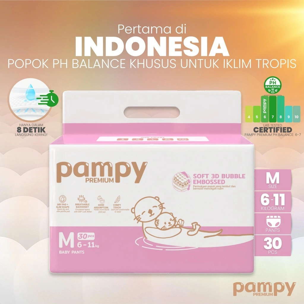 Pampy Premium Baby Pants M (30 pcs) – Popok PH Balance Pertama di Indonesia untuk Iklim Tropis
