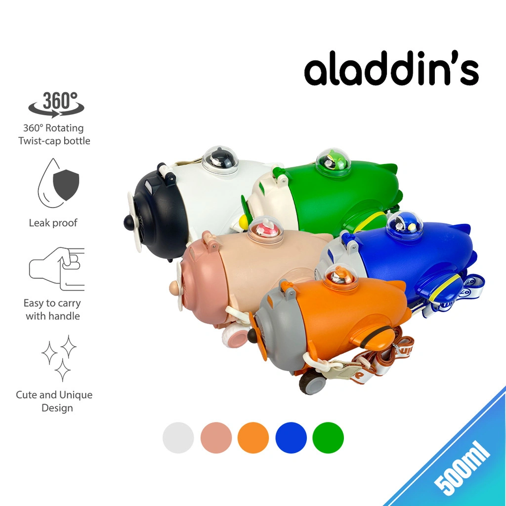 aladdin's Botol Minum Anak Viral Karakter Helikopter / Pesawat dengan Sedotan dan Tali 500ML BPA Free, AP-500/HELICOPTER