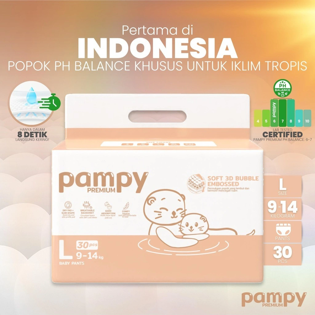 Pampy Premium Baby Pants L (30 pcs) – Popok PH Balance Pertama di Indonesia untuk Iklim Tropis