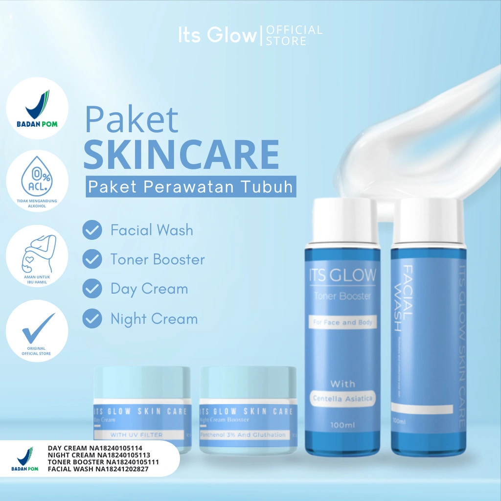 ItsGlow - (Paket Skincare) | Toner Booster | Facial Wash | Variasi lengkap Day Cream | Night Cream Booster